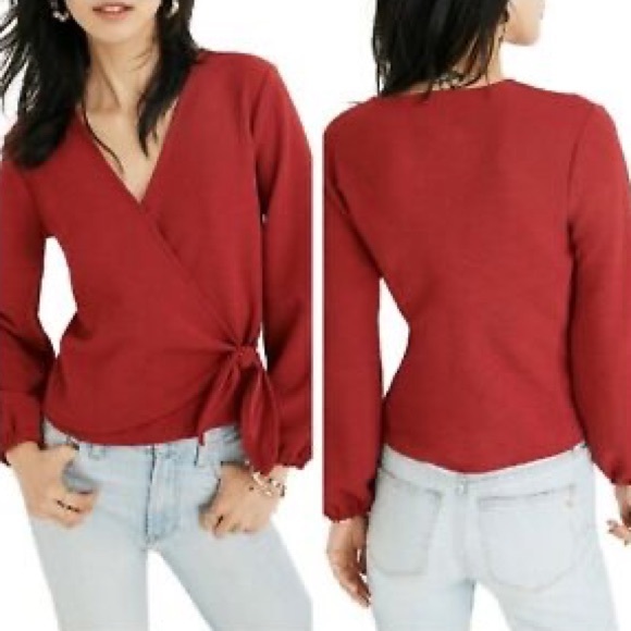 Madewell Texture & Thread Red Crepe Wrap Top - Picture 2 of 14